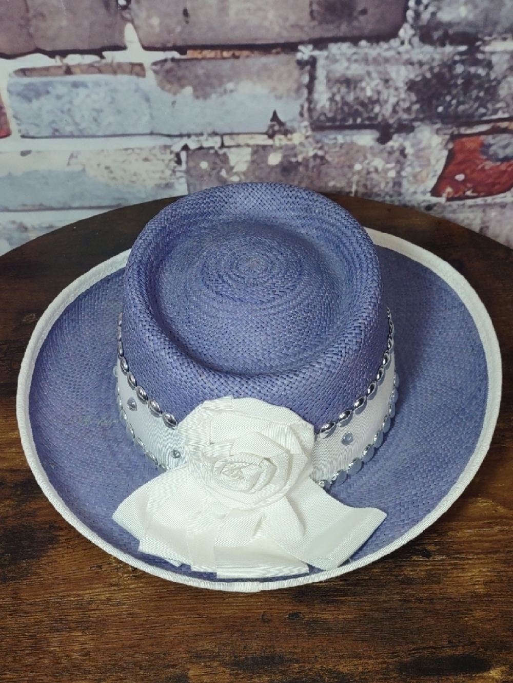 Blue Straw Boater Hat with White Studded Band - Picture 6 of 7